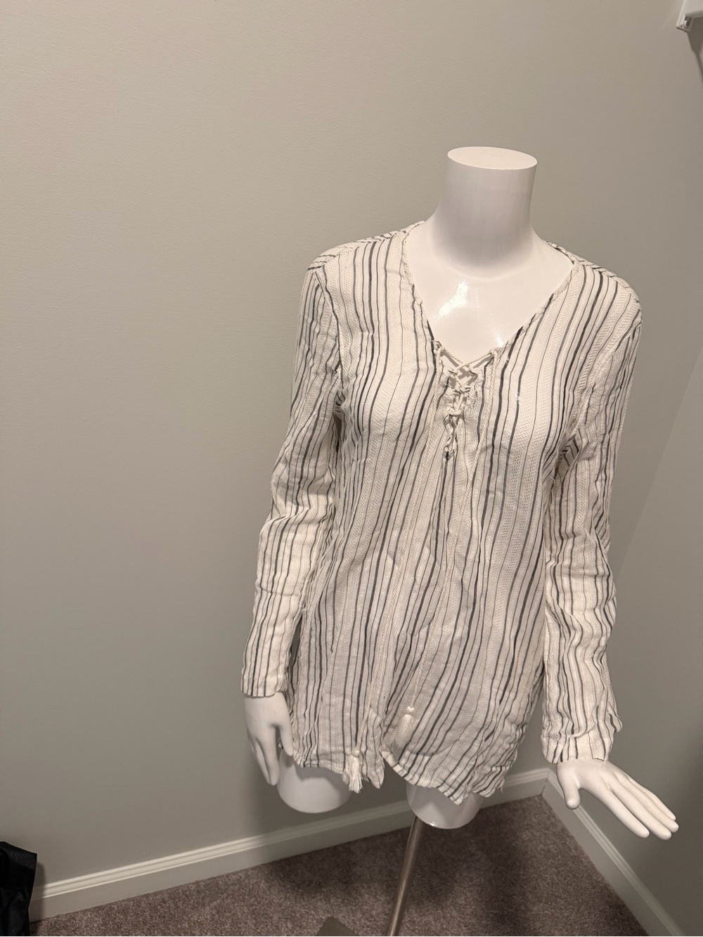Billabong White Long-Sleeve Striped Lace-Up Tunic